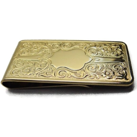 Calibri Gold Tone Floral Etched Monogramable Money Clip Stainless Steel Wallet - Picture 2 of 8